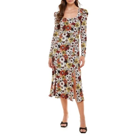 Wayf Womens Lalia Print Puff Sleeve Midi Dress Black Daisies Floral size Small - Picture 1 of 13